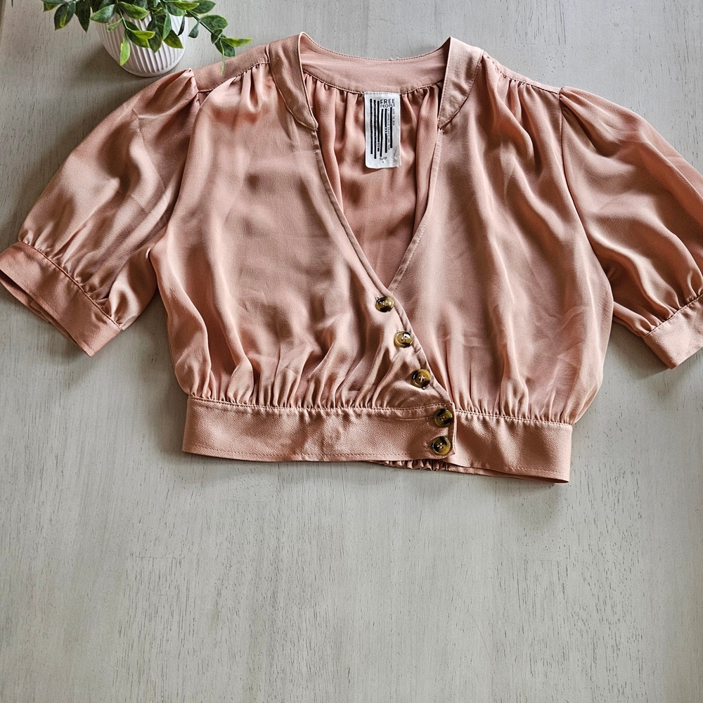Free People Blush Pink Cropped Wrap Button Blouse